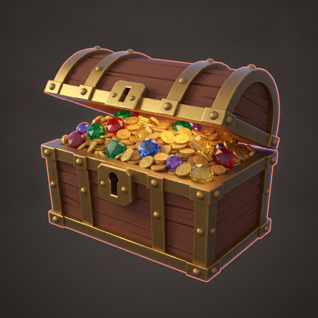 AI 3D image generator result — a stylized 3D game asset of a fantasy treasure chest with gold coins and gems