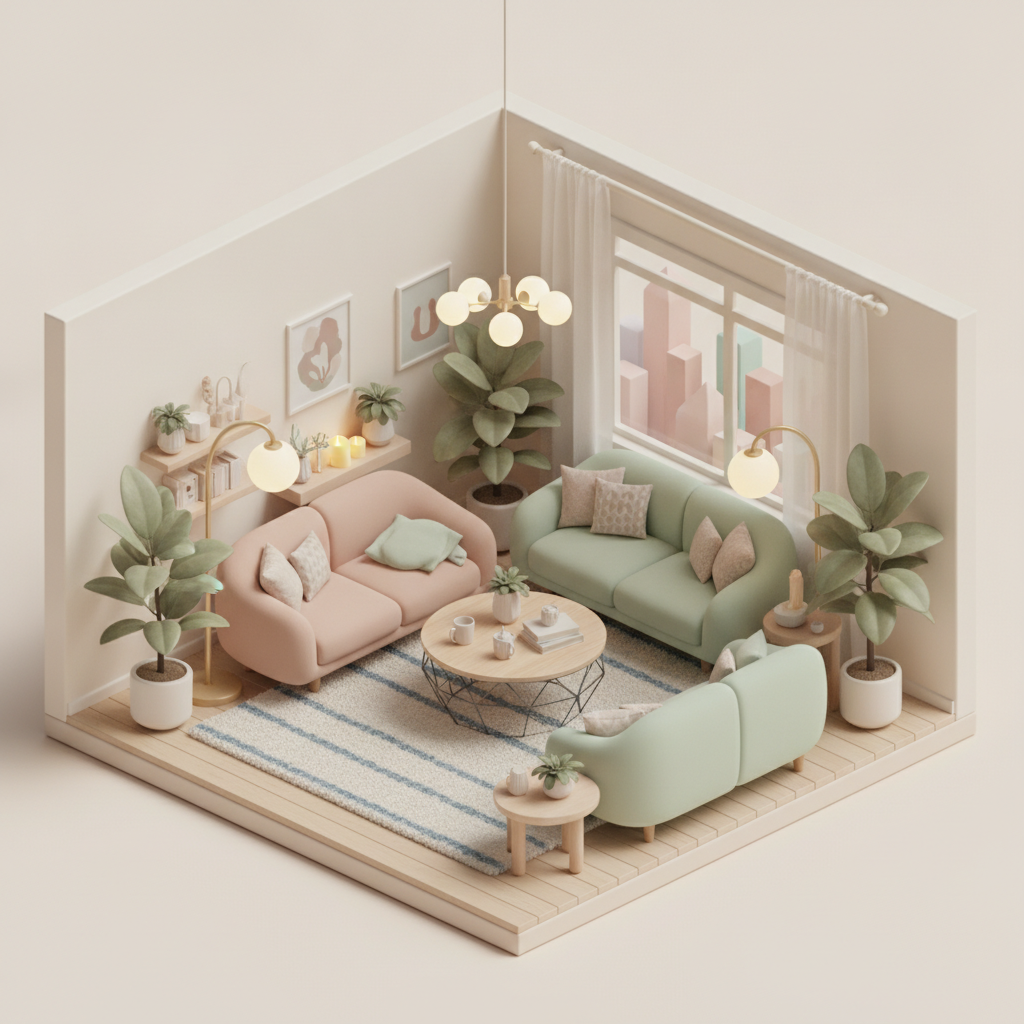 AI 3D image generator result — a 3D isometric living room scene with detailed furniture and soft global illumination