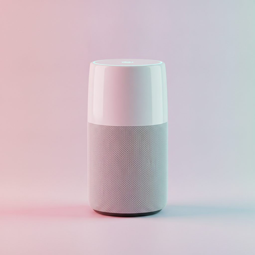 AI 3D image generator result — a glossy 3D product render of a smart speaker on a pastel backdrop