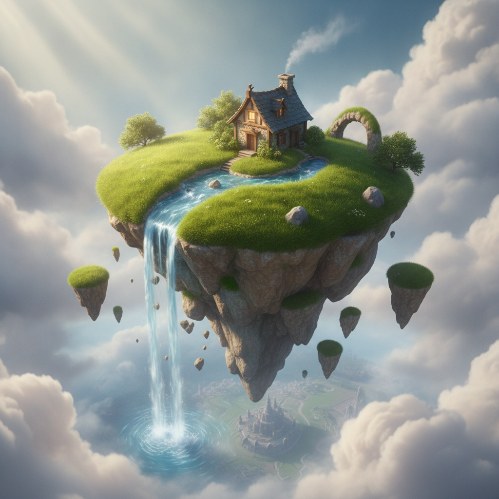 AI 3D image generator result — a 3D rendered fantasy floating island with a waterfall and volumetric clouds