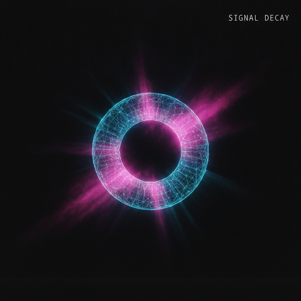 AI album cover generator example — an electronic music cover with a glowing wireframe torus in dark space lit in magenta and cyan