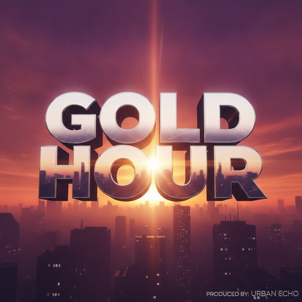 AI album cover generator example — a hip hop cover with bold chrome 3D lettering over a hazy purple and orange sunset skyline