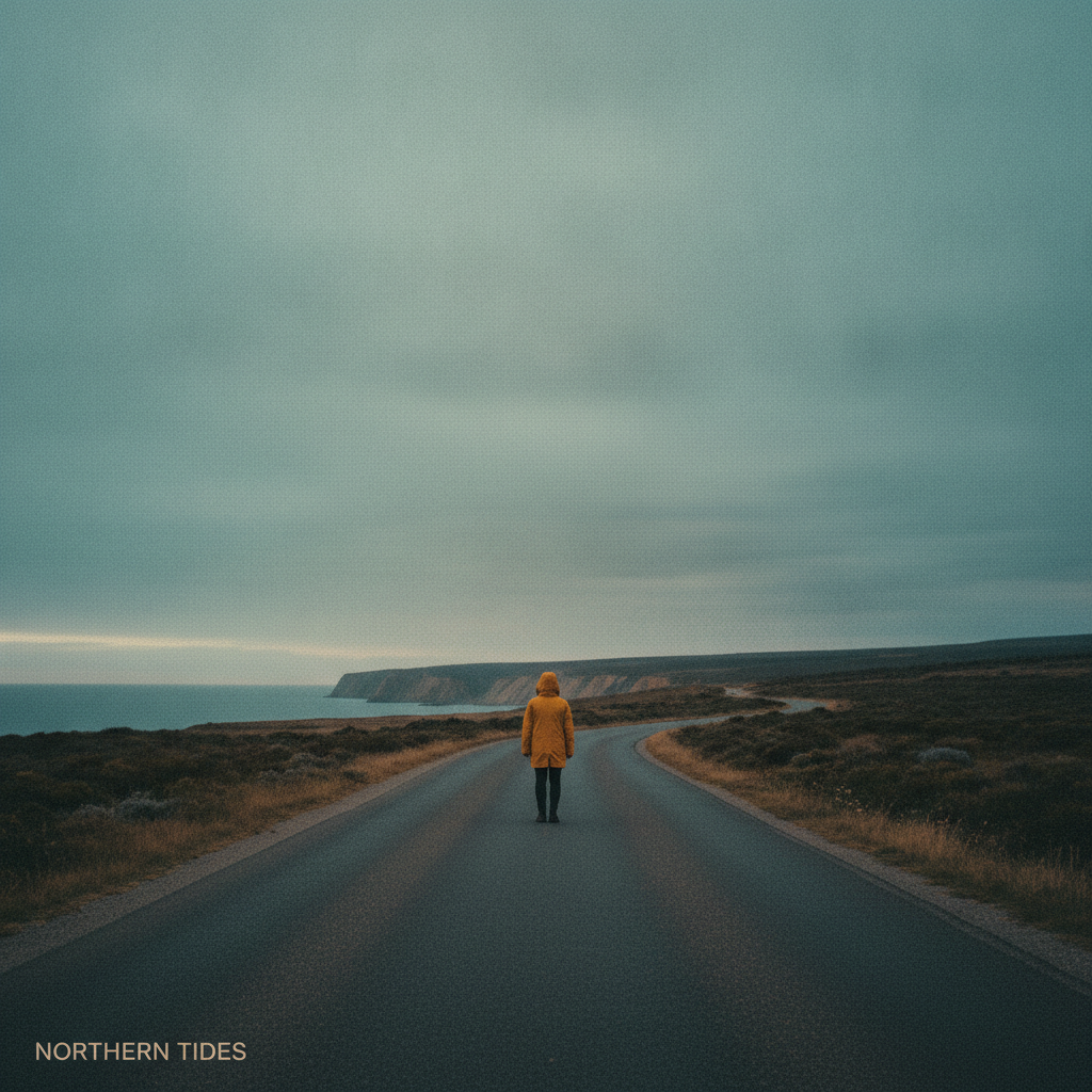 AI album cover generator example — an indie record sleeve showing a lone figure in a mustard raincoat on an empty coastal road at dusk with grainy film texture