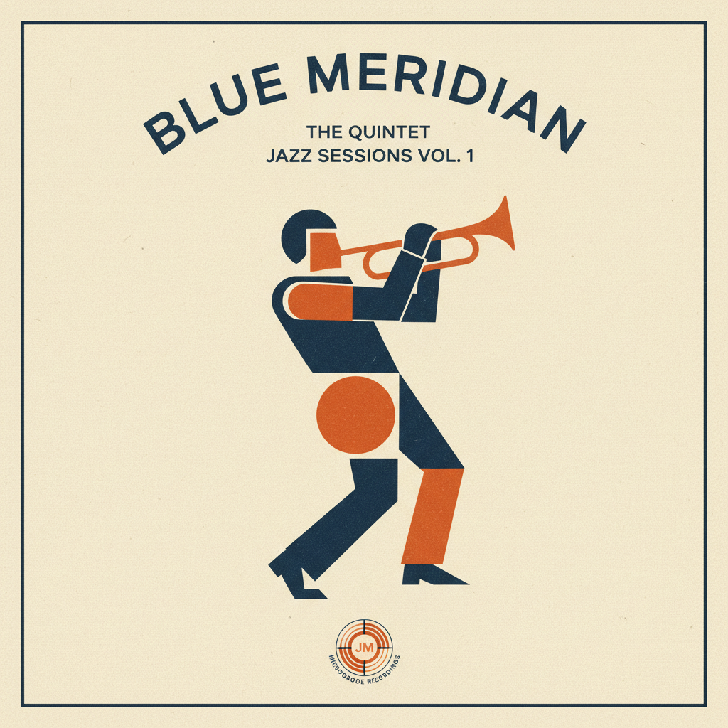 AI album cover generator example — a mid-century modern jazz sleeve with flat geometric shapes and an abstract trumpet player silhouette