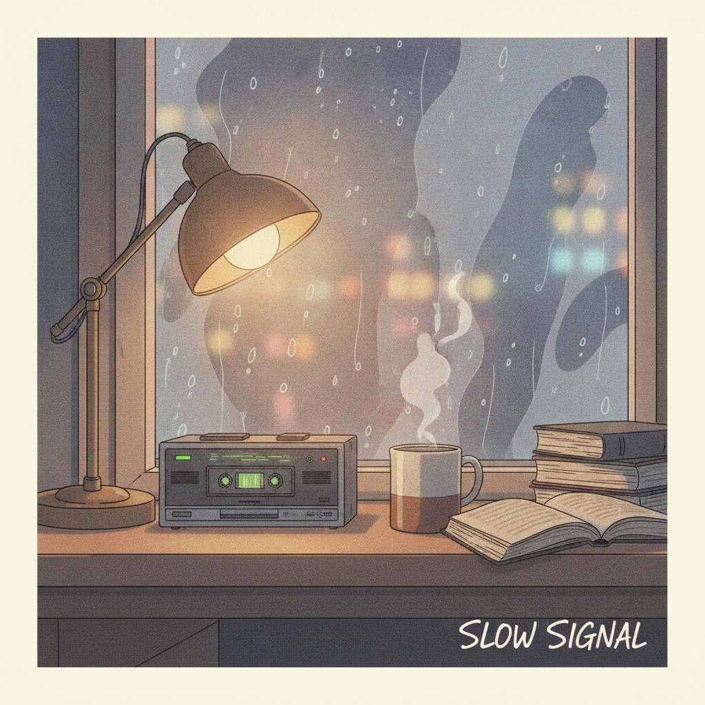 AI album cover generator example — a lo-fi chillhop cover illustrated as a cosy bedroom desk at night with a cassette deck and rain on the window