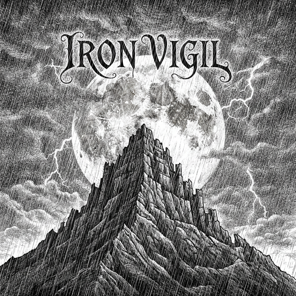 AI album cover generator example — a monochrome ink metal cover showing a storm-lashed mountain fortress under a huge moon