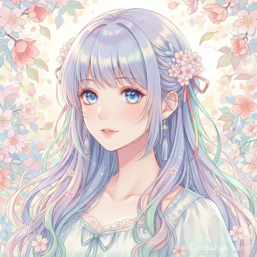AI anime fan art generator output — a soft shojo-style anime girl portrait with sparkling eyes and pastel hair