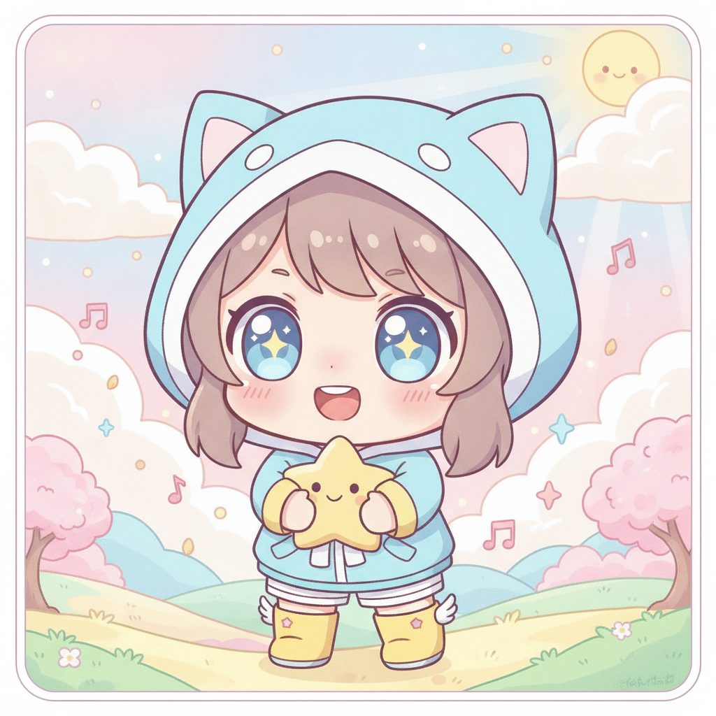 AI anime fan art generator output — an adorable chibi anime character with a big head and huge cute eyes