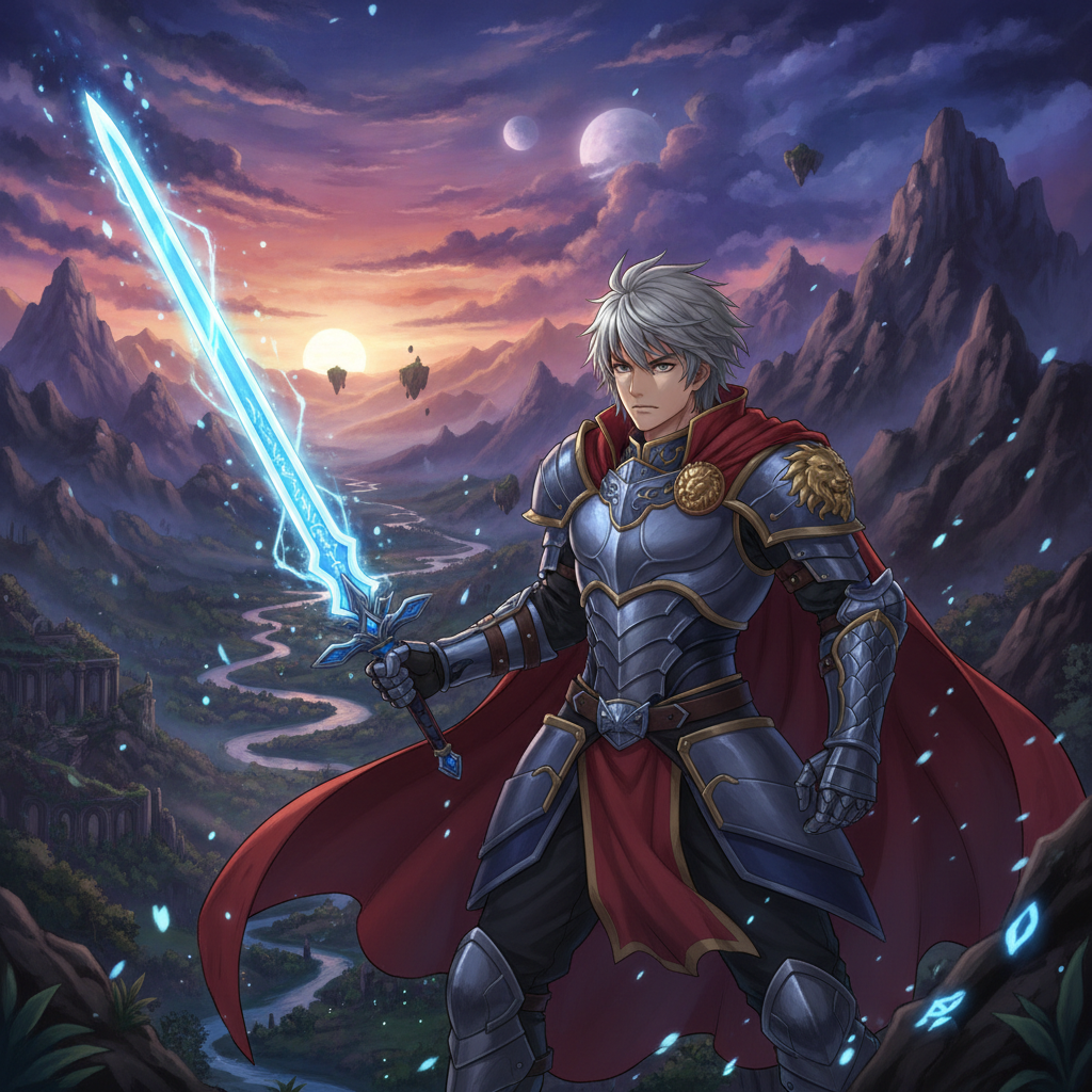 AI anime fan art generator output — a fantasy adventurer anime character holding a glowing sword in detailed armor