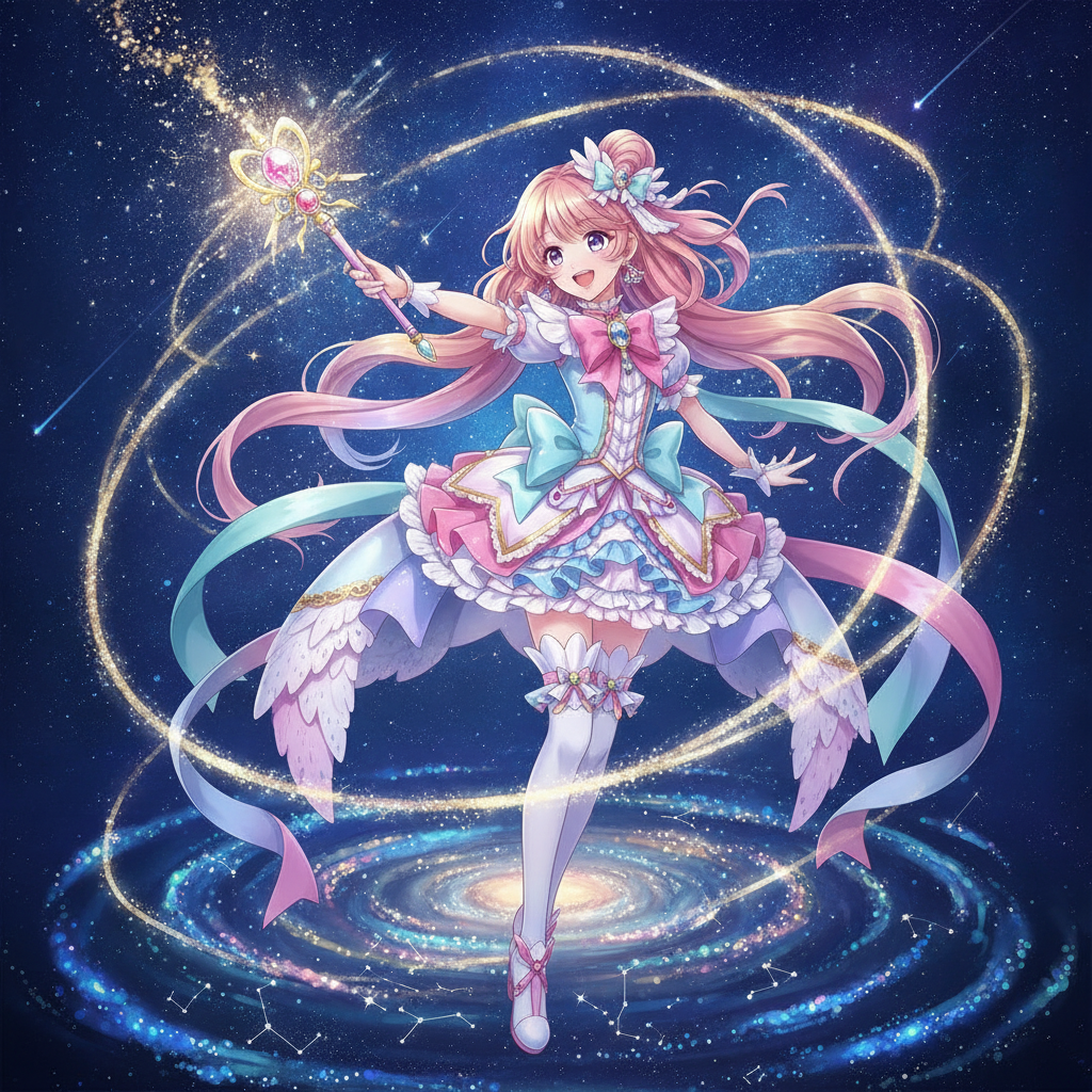 AI anime fan art generator output — a magical girl anime character with a sparkling wand and glowing effects