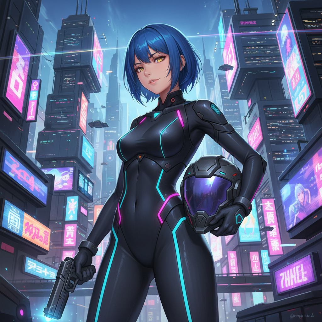 AI anime fan art generator output — a futuristic mecha pilot anime character against a neon cyberpunk city