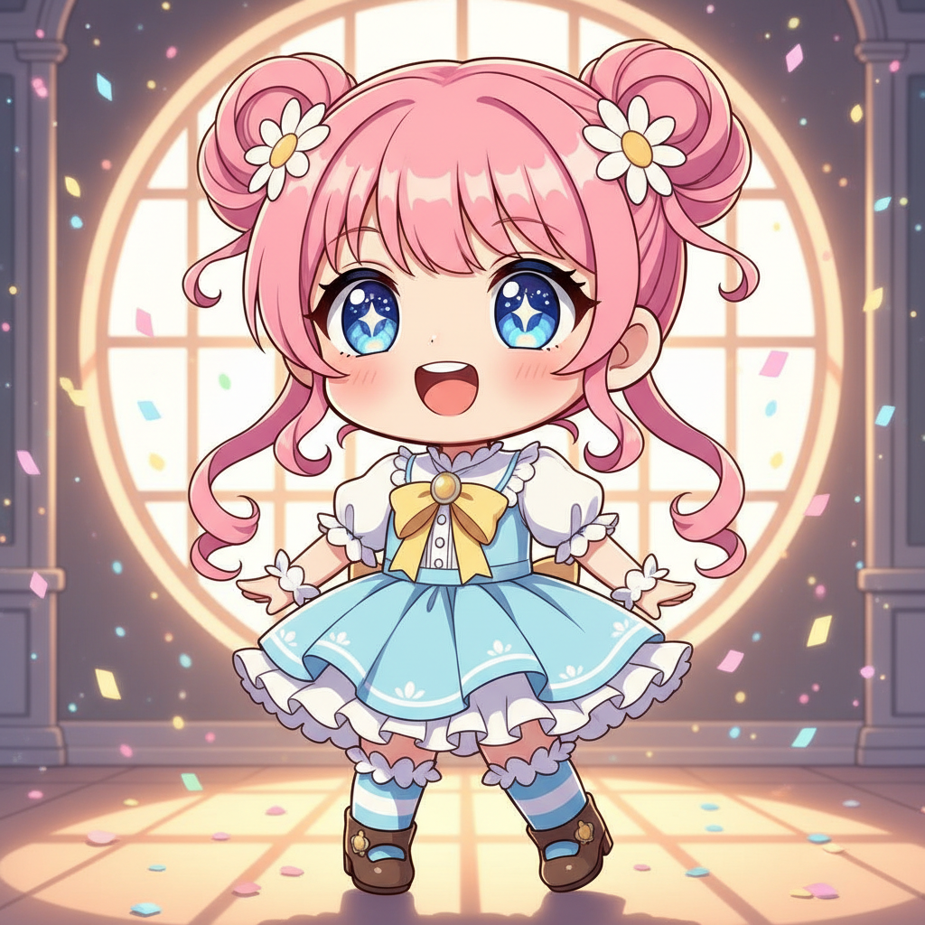 AI anime generator result — an adorable chibi anime character with a big head and cheerful smile