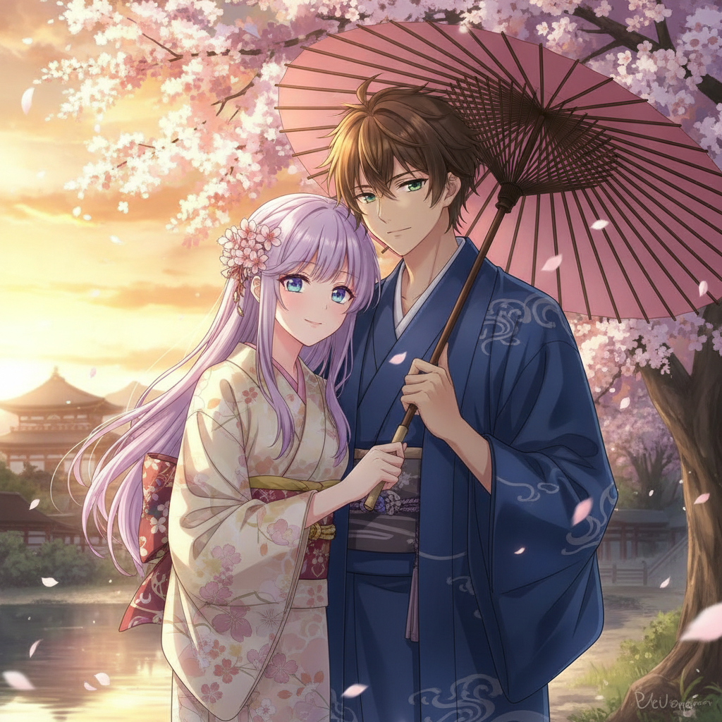 AI anime generator result — a romantic anime couple under cherry blossoms at sunset