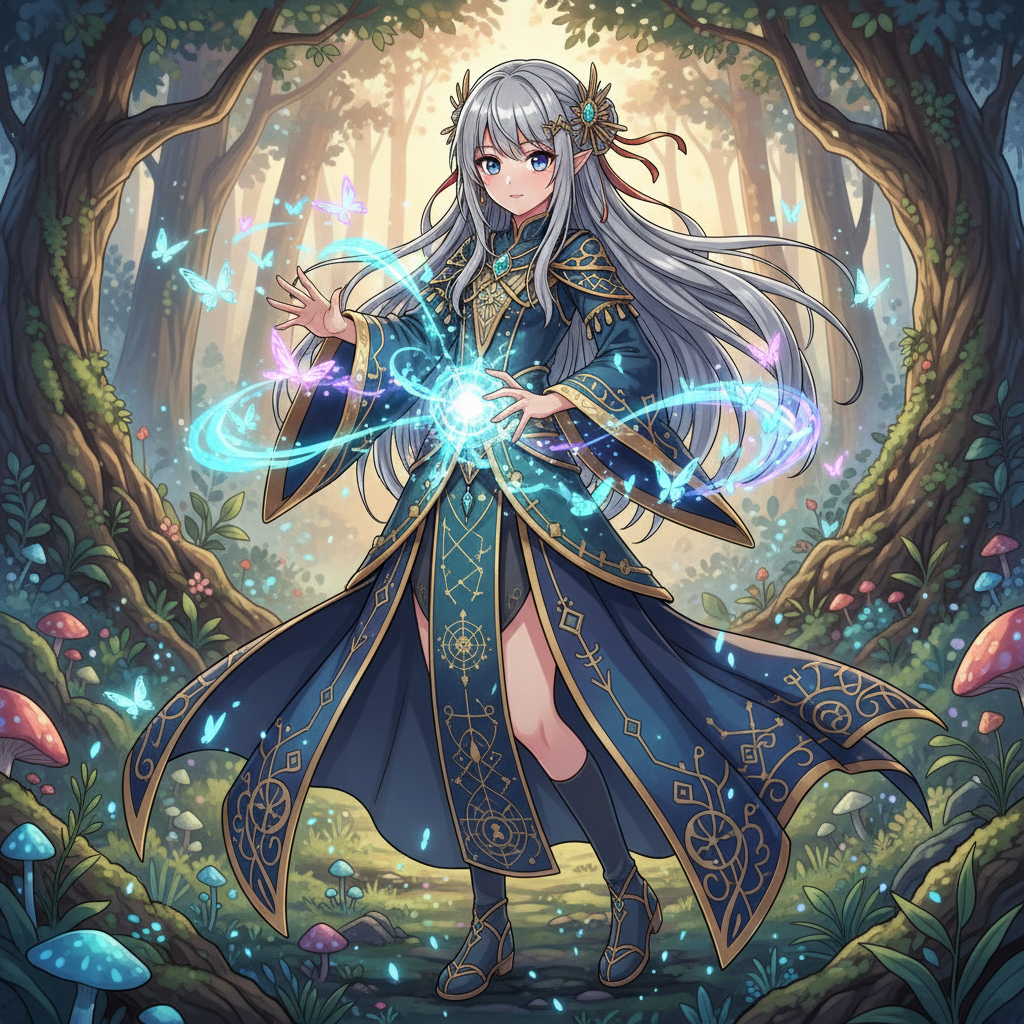 AI anime generator result — an anime fantasy mage girl casting magic in an enchanted forest