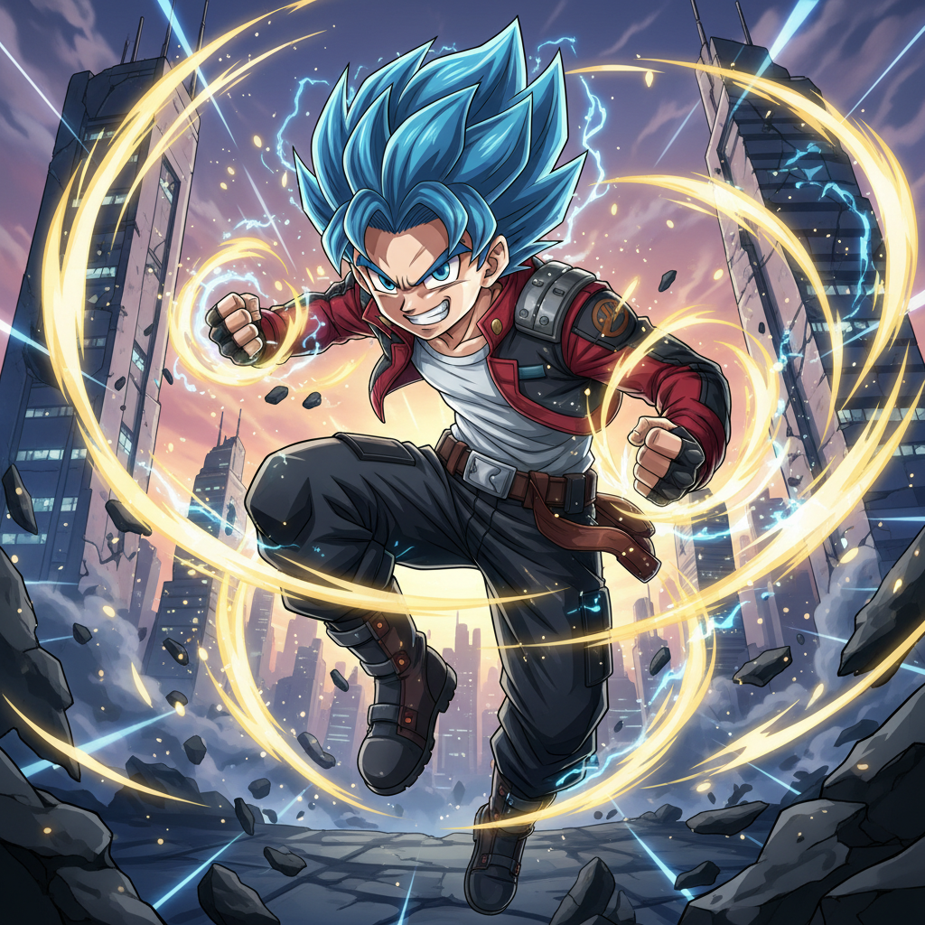 AI anime generator result — a dynamic shonen anime hero in an action pose with glowing energy