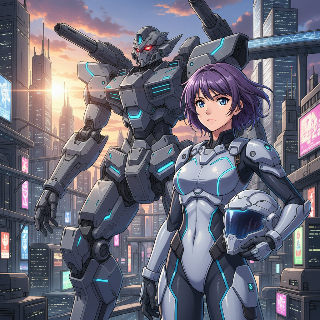 AI anime generator result — an anime mecha pilot with a giant battle robot in a sci-fi city