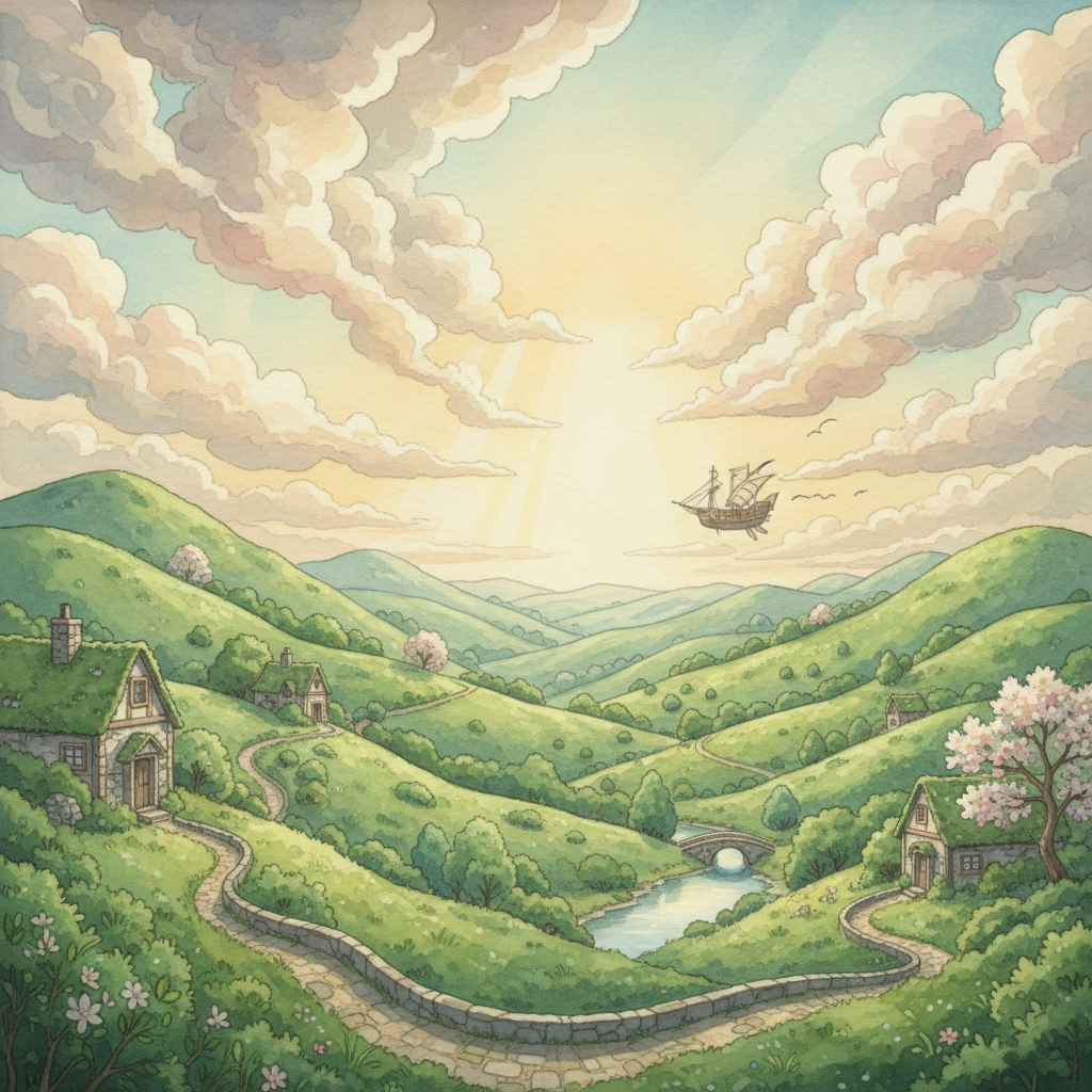 AI anime style image generator result — a Studio Ghibli inspired anime landscape with lush green hills, dreamy clouds, and warm soft lighting