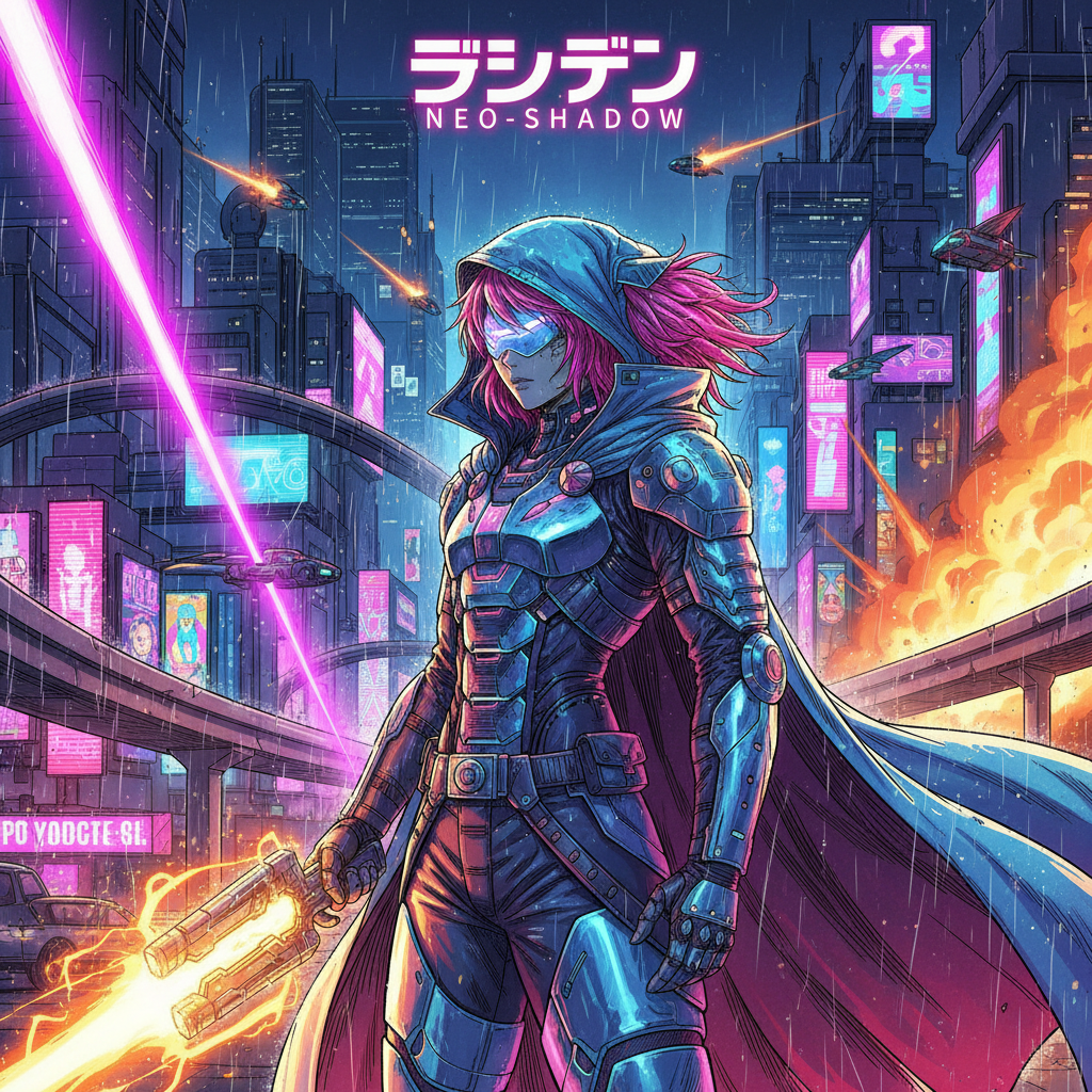 AI anime style image generator result — a cyberpunk anime character with a neon city background, glowing lights, and dramatic rim lighting