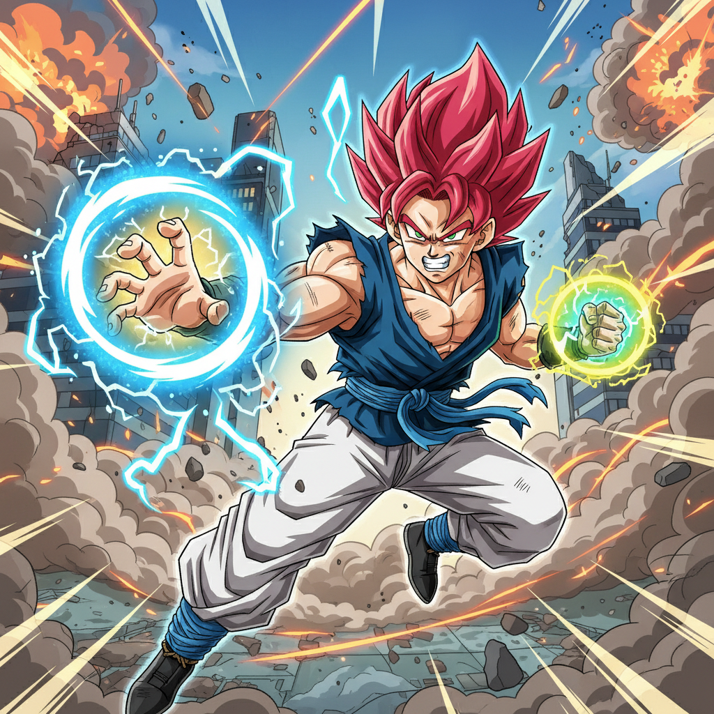 AI anime style image generator result — a shonen anime action hero with spiky hair, energy aura effects, and a dynamic battle pose