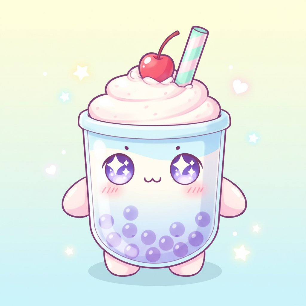AI anime style image generator result — a cute chibi anime character in kawaii style with pastel colors and big sparkling eyes