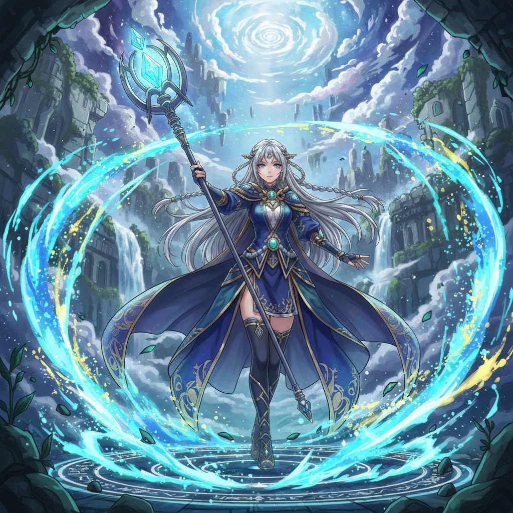 AI anime style image generator result — a fantasy anime mage girl casting magic with glowing particles and ethereal lighting