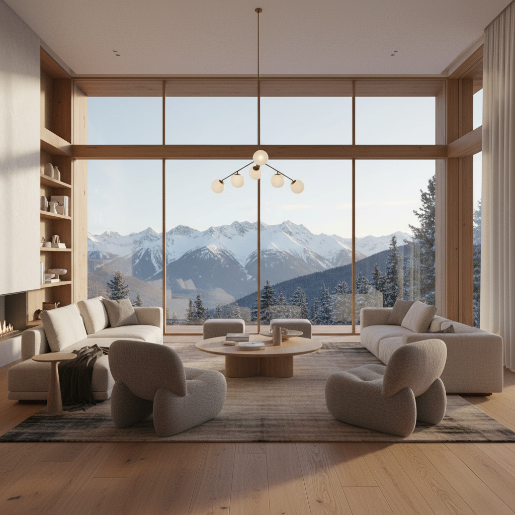 AI architectural image generator result — a luxury interior living room render with floor to ceiling windows and warm oak flooring