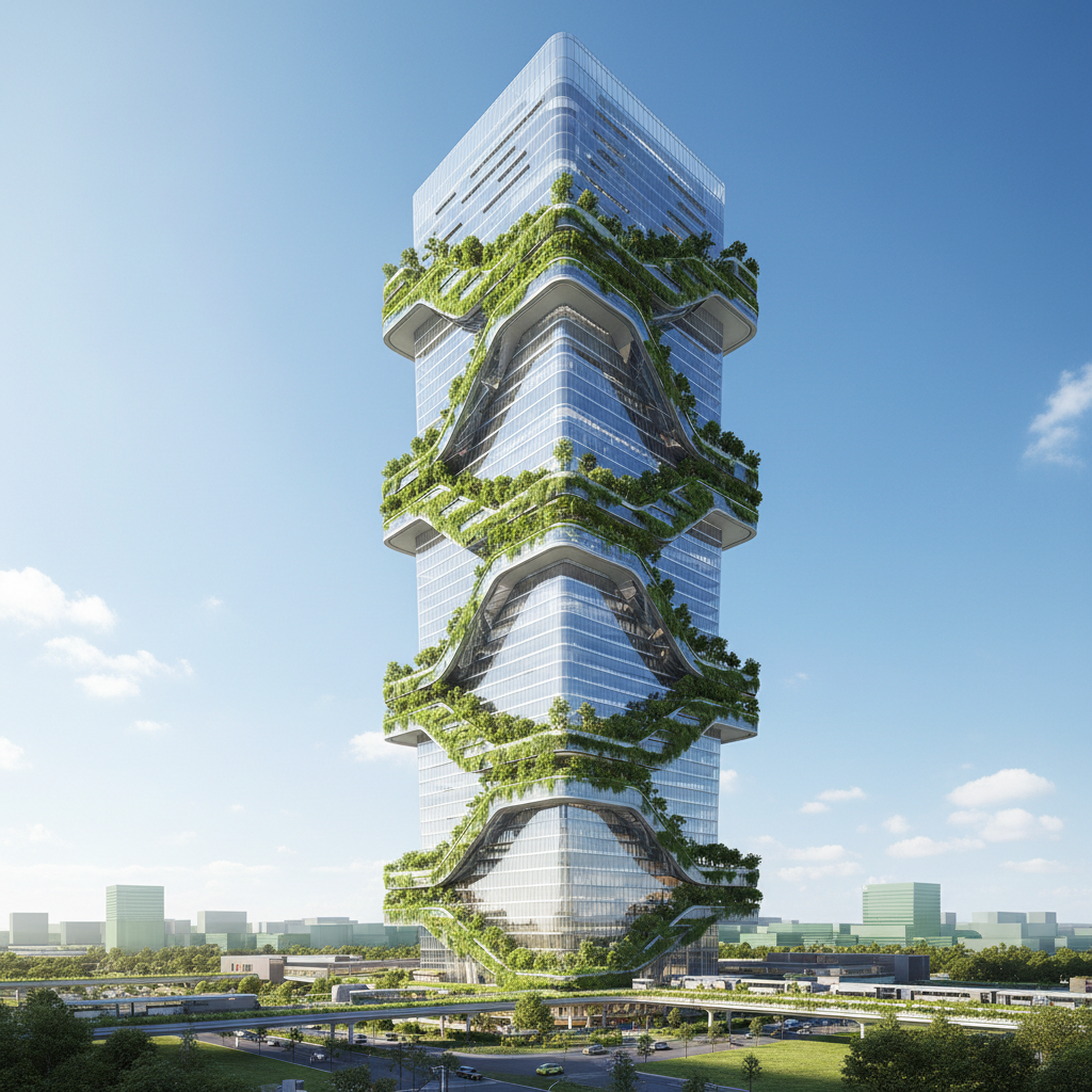 AI architectural image generator result — a futuristic sustainable skyscraper with cascading vertical gardens