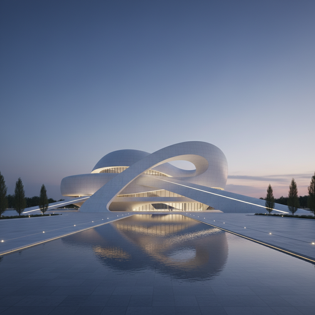 AI architectural image generator result — a contemporary museum building with sweeping curved white forms and a reflecting pool