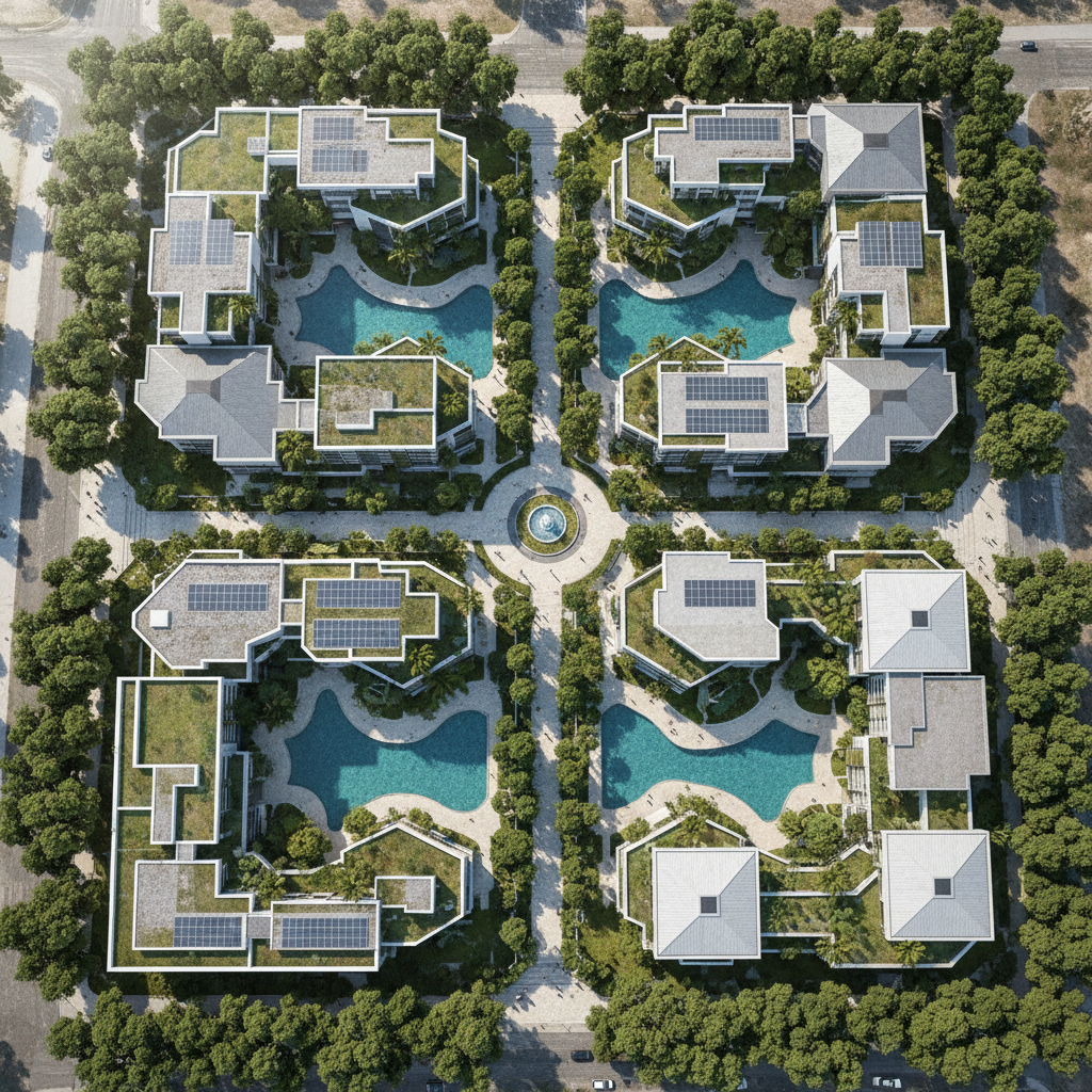 AI architectural image generator result — an aerial bird’s eye view of a modern residential complex master plan