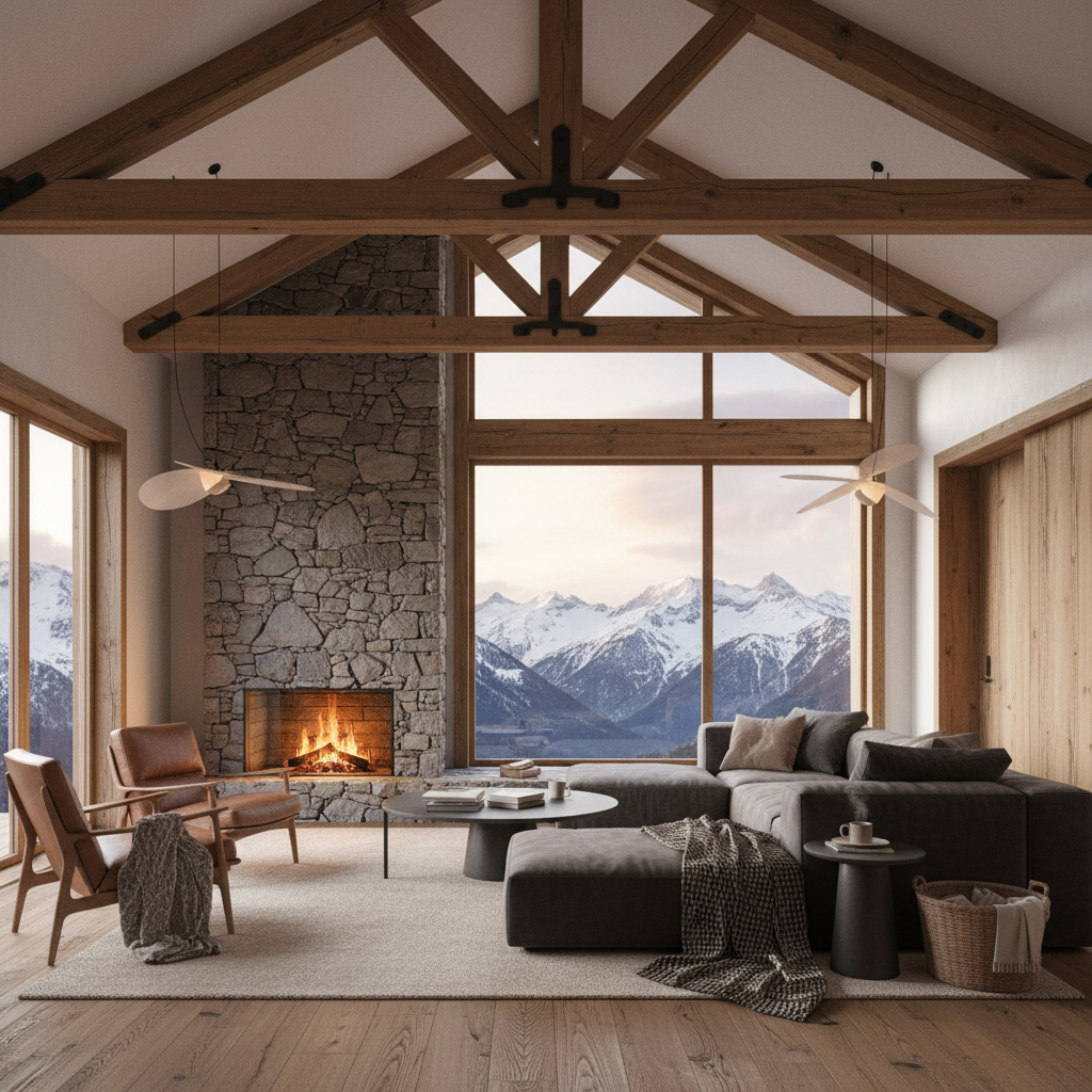 AI architectural image generator result — a cozy modern cabin interior with timber beams, stone fireplace and mountain window