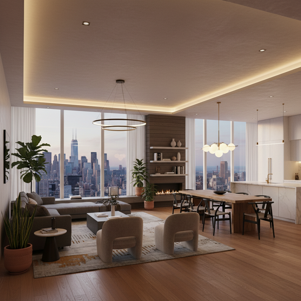 AI architectural visualization tool output — a photorealistic interior render of an open-plan living room with floor-to-ceiling windows, oak floors, and designer furniture