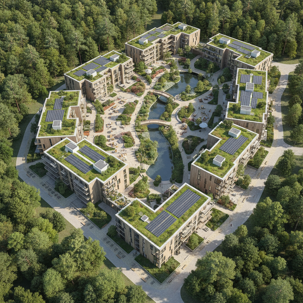 AI architectural visualization tool output — an aerial render of a sustainable urban residential complex with green rooftops, solar panels, and courtyards