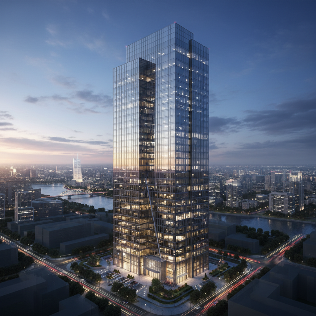 AI architectural visualization tool output — a dusk exterior render of a glass-and-steel commercial office tower with a reflective facade and blue hour sky