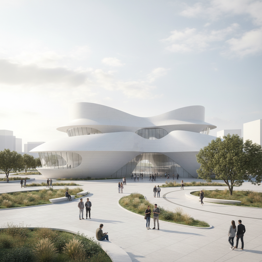 AI architectural visualization tool output — a conceptual render of a contemporary museum building with curved organic forms, a white facade, and a public plaza