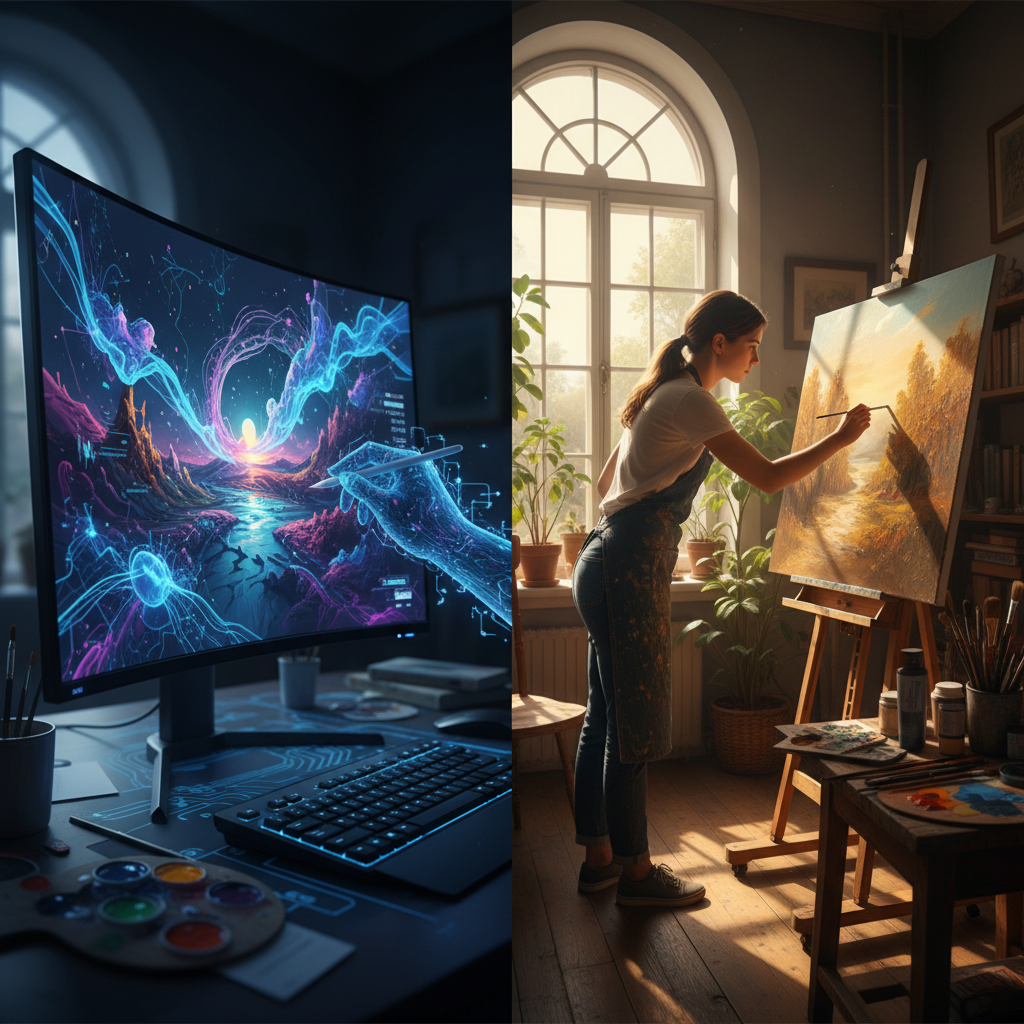 AI art generator vs human artist split-screen comparison — left side shows AI generating digital art on a glowing computer screen with neural network visualization, right side shows a human artist painting on canvas with oil paints in a sunlit studio