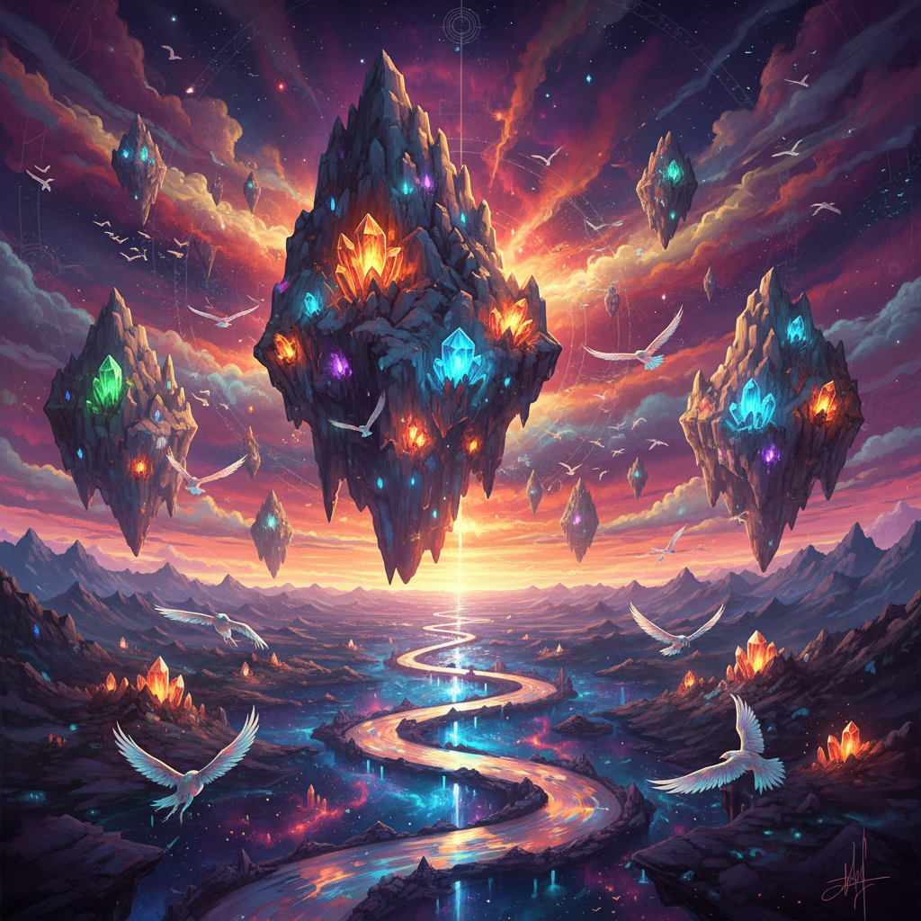 Beautiful AI art creation showing surreal landscape with floating mountains, glowing crystals, and ethereal sky in vibrant colors — modern AI art generator output at hyper-detailed 4K quality