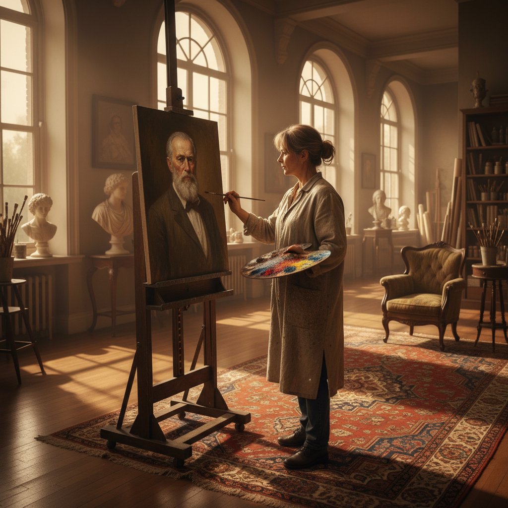 Traditional human artist painting a portrait in a classical art studio with oil paints on palette, wooden easel, golden hour light streaming through tall windows — human creativity vs AI in action