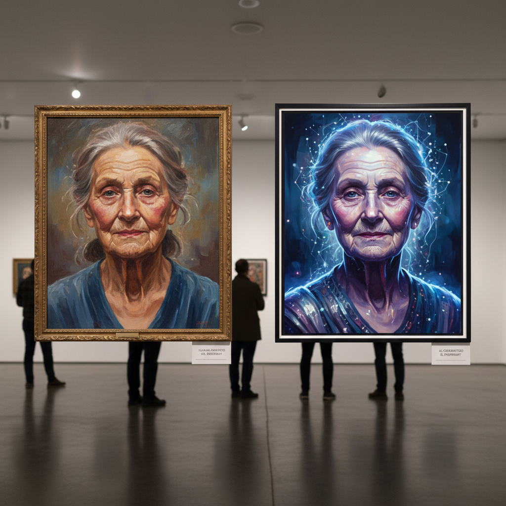 Side-by-side art generation comparison grid showing human-painted oil portrait on left and AI-generated digital portrait on right, both interpreting the same subject with different artistic voices in a gallery presentation