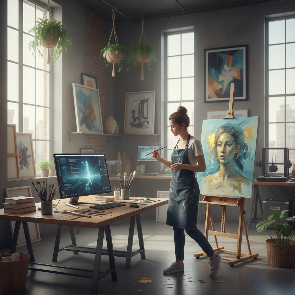 Modern hybrid art studio with both digital tablet running AI art generator software and traditional canvas with paintbrushes, hybrid creative workspace where artists blend AI art creation with hand-painted craft