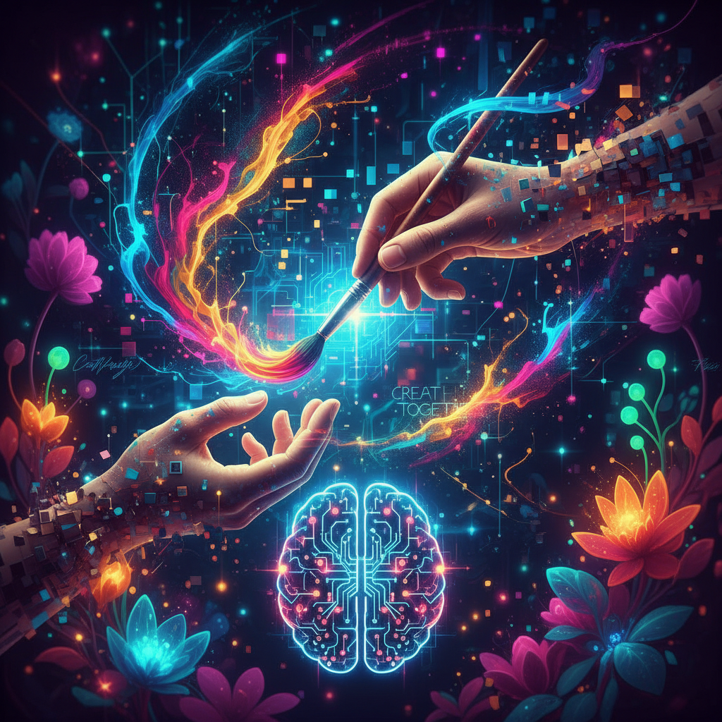 Inspirational conceptual scene showing hands holding a paintbrush merging into digital pixels and AI neural network patterns — symbolic of creative collaboration between human creativity vs AI in modern art generation