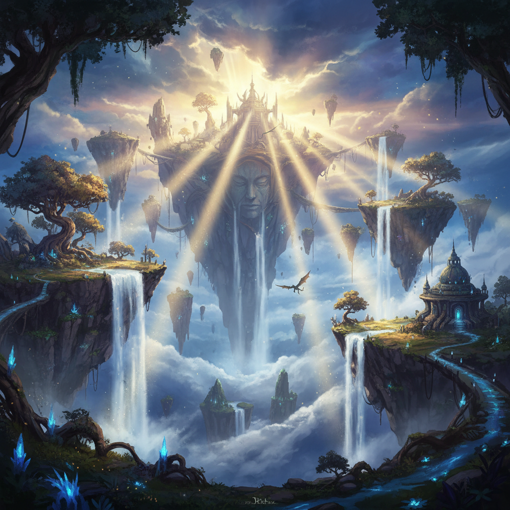AI art vs human artist — AI-generated fantasy concept art landscape with floating islands