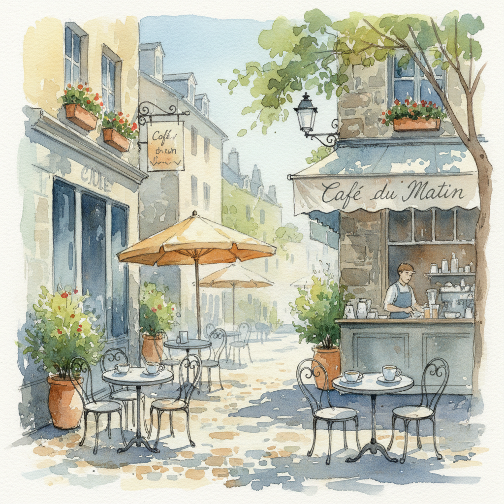 AI art vs human artist — AI-generated watercolor painting of a European street cafe