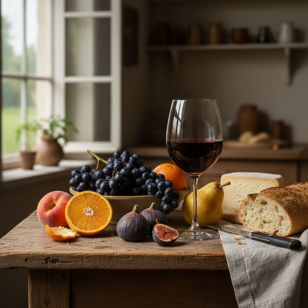 AI art vs human artist — photorealistic AI-generated still life of fruit and wine
