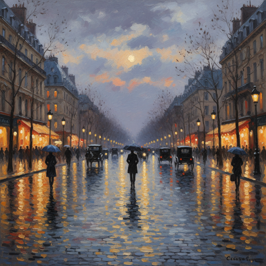 AI art vs human artist — AI-generated impressionist cityscape of a rainy Paris boulevard