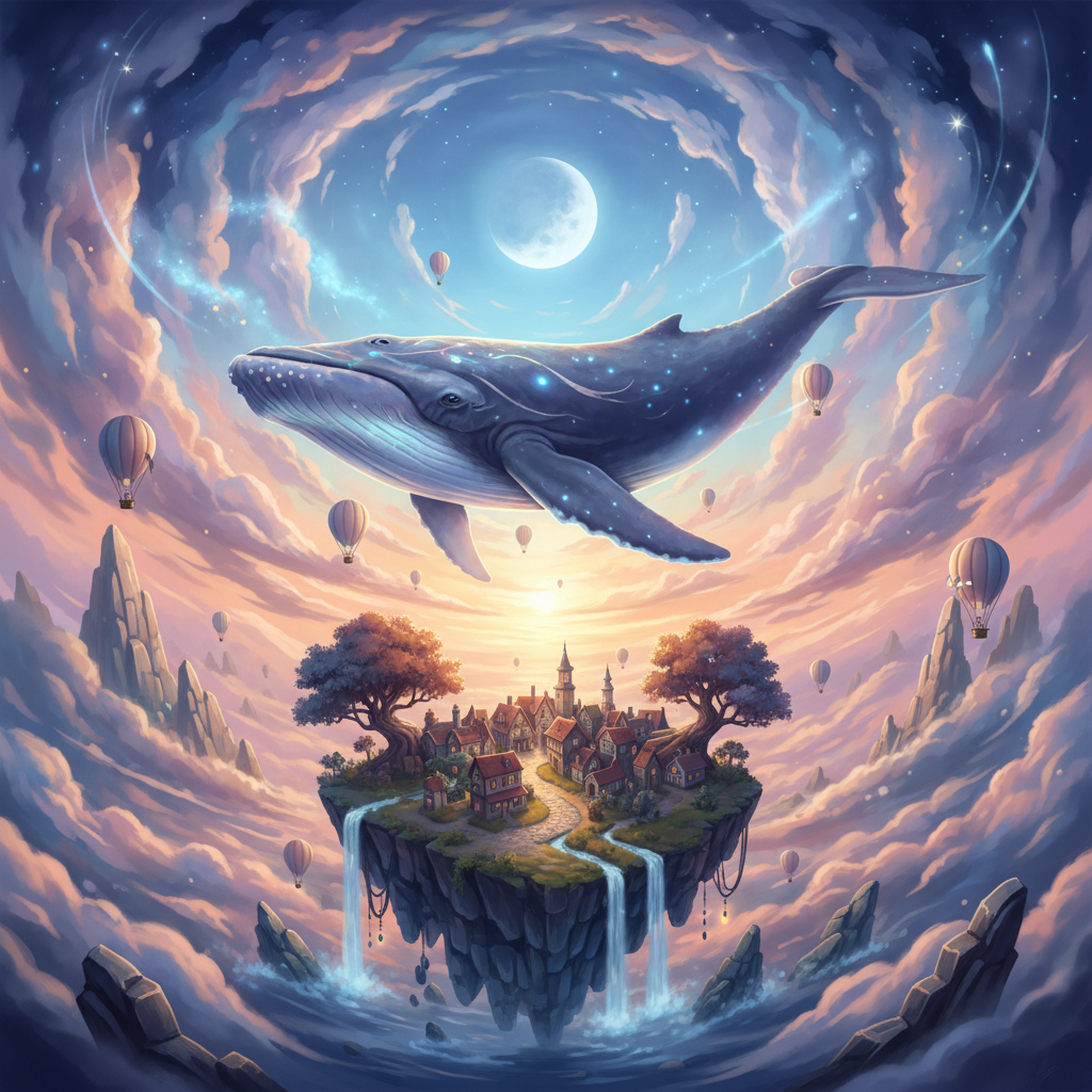 AI art vs human artist — surreal AI-generated digital artwork of a whale in the clouds