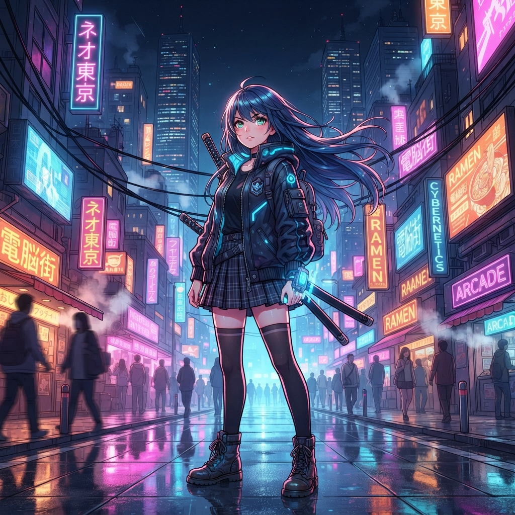 AI art example — anime style illustration of a heroine in a glowing neon city at night