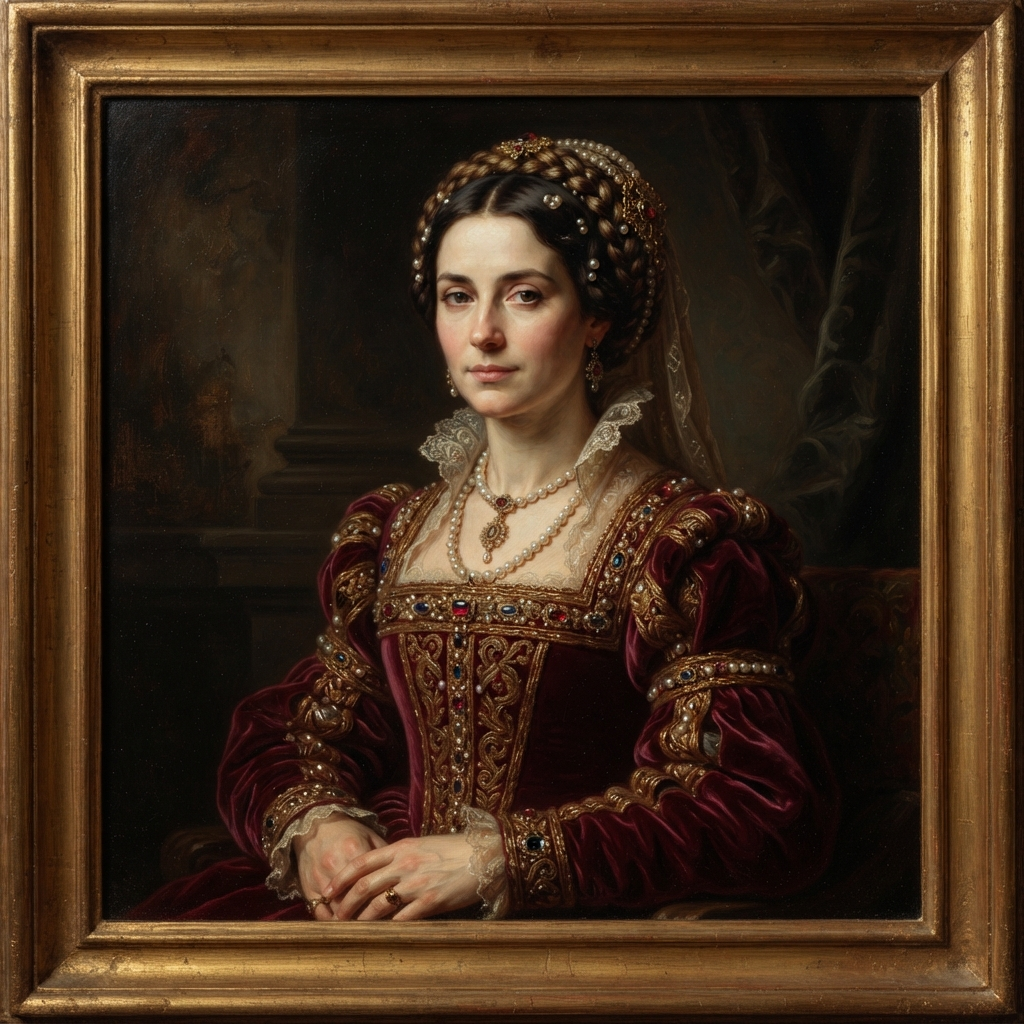 AI art example — classical oil painting portrait of an elegant woman with soft chiaroscuro lighting