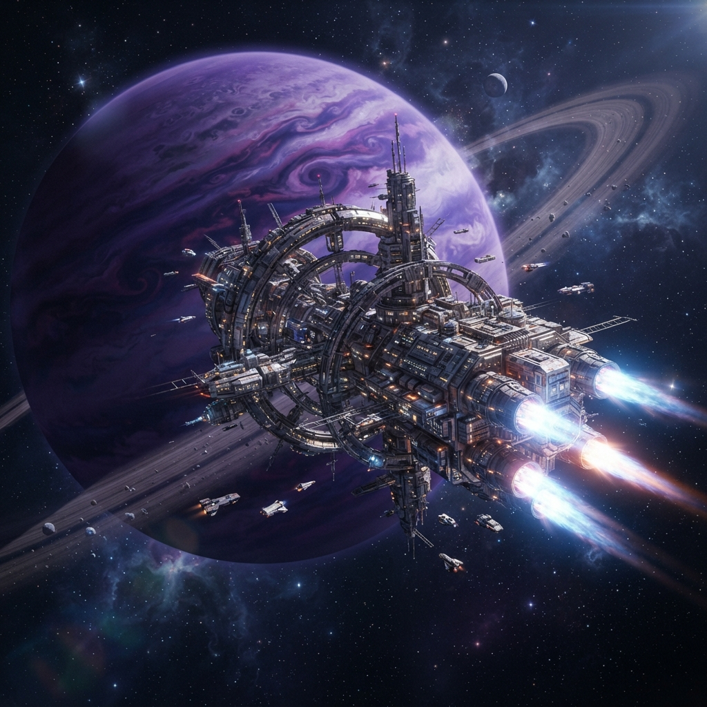 AI art example — futuristic sci-fi concept art of a space station orbiting a purple gas giant