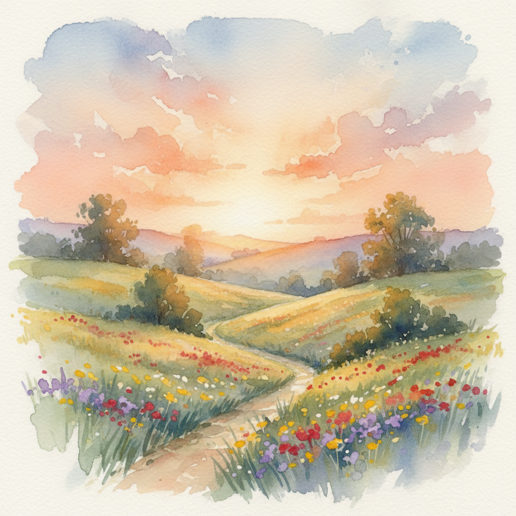 AI art example — soft watercolor painting of a countryside landscape at sunset with wildflowers