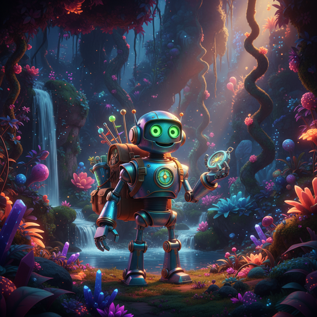 AI art example — stylized 3D rendered robot explorer in a lush alien jungle, Pixar-quality render